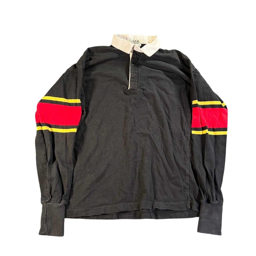 Rogue Rugby Shirt Mens Large Black Red Yellow‎ Striped Sleeve White Collar USA